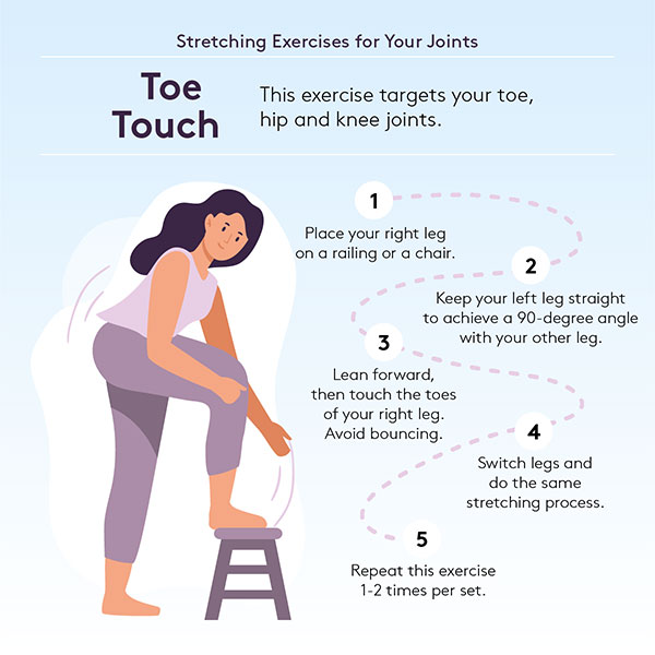 Toe touch stretch for joint flexibility